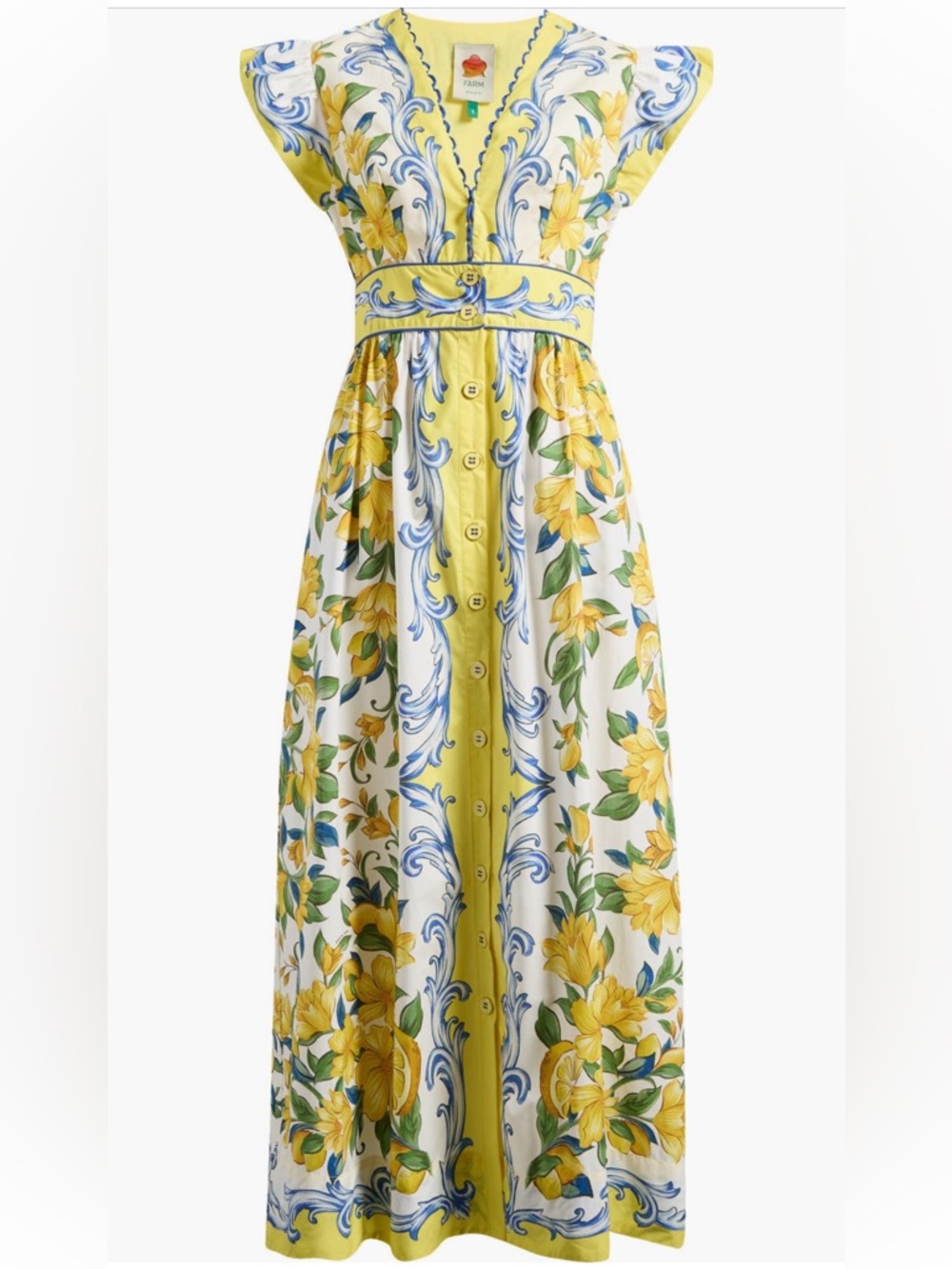 FARM Rio Yellow White Blue Floral Maxi Dress - Picture 4 of 11